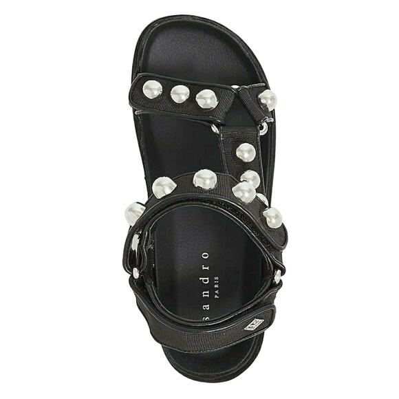 SANDRO Paris Lexy studded grosgrain woven black chunky sandals Size 36 5 5.5 NEW - Picture 3 of 7